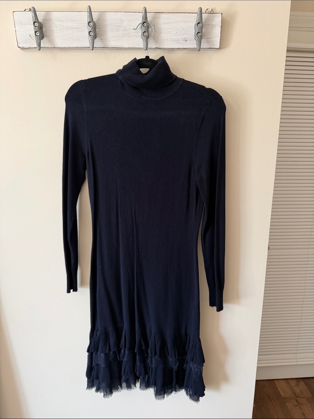Classic Navy Blue Turtleneck Knit Dress with lace Ruffle Hem
